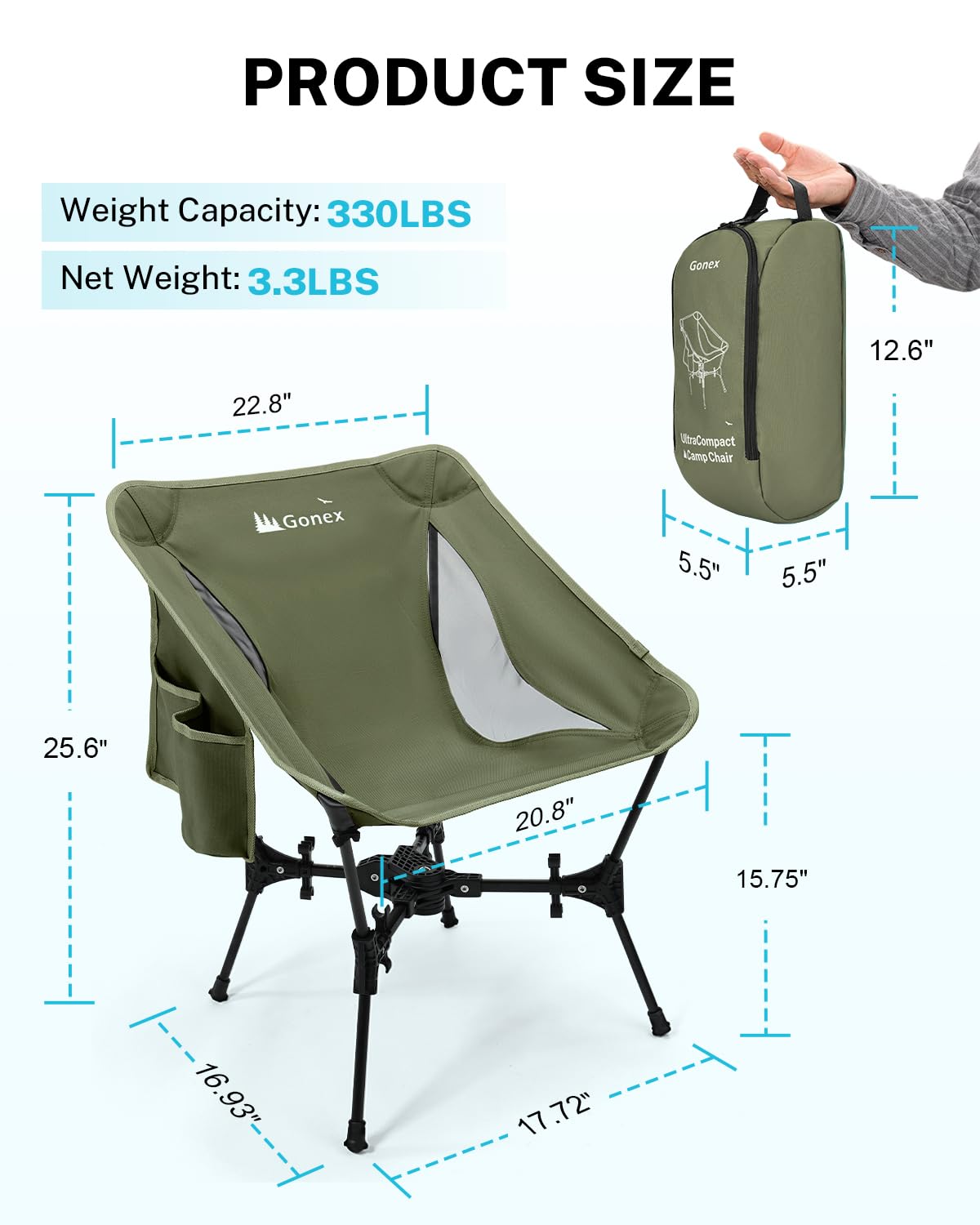 Gonex chair folded flat with carrying strap for easy transport.