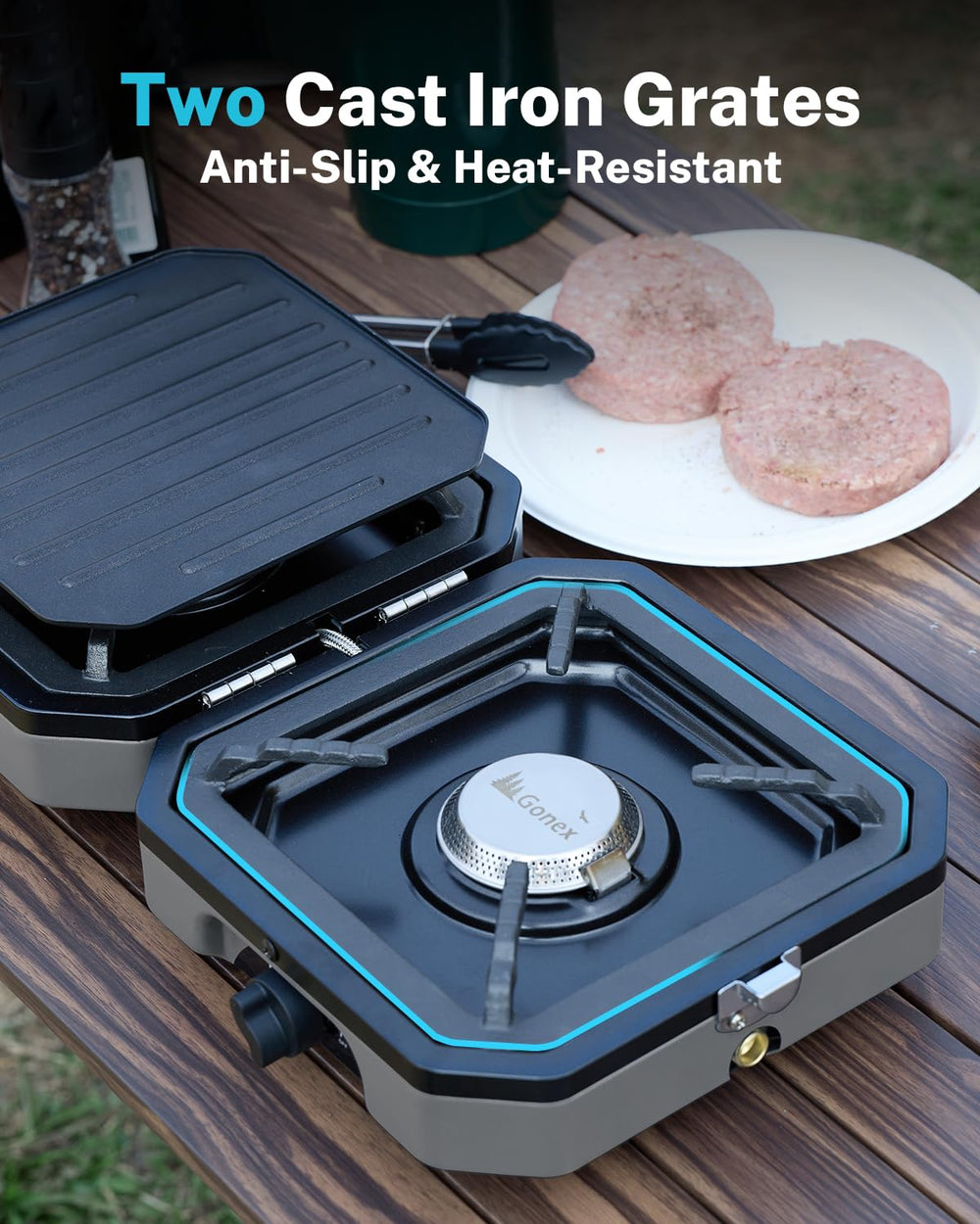 Gonex portable stove in outdoor use on a picnic or campsite.
