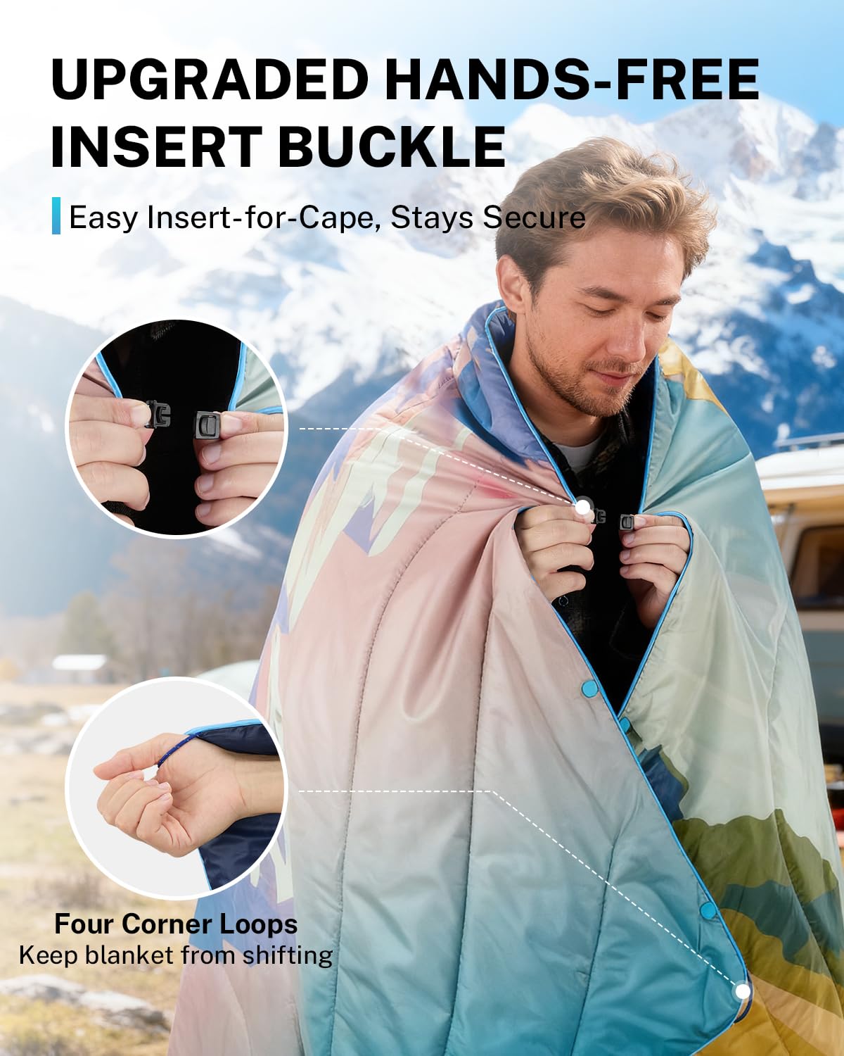 Gonex reversible buckles for easy attachment to other blankets.