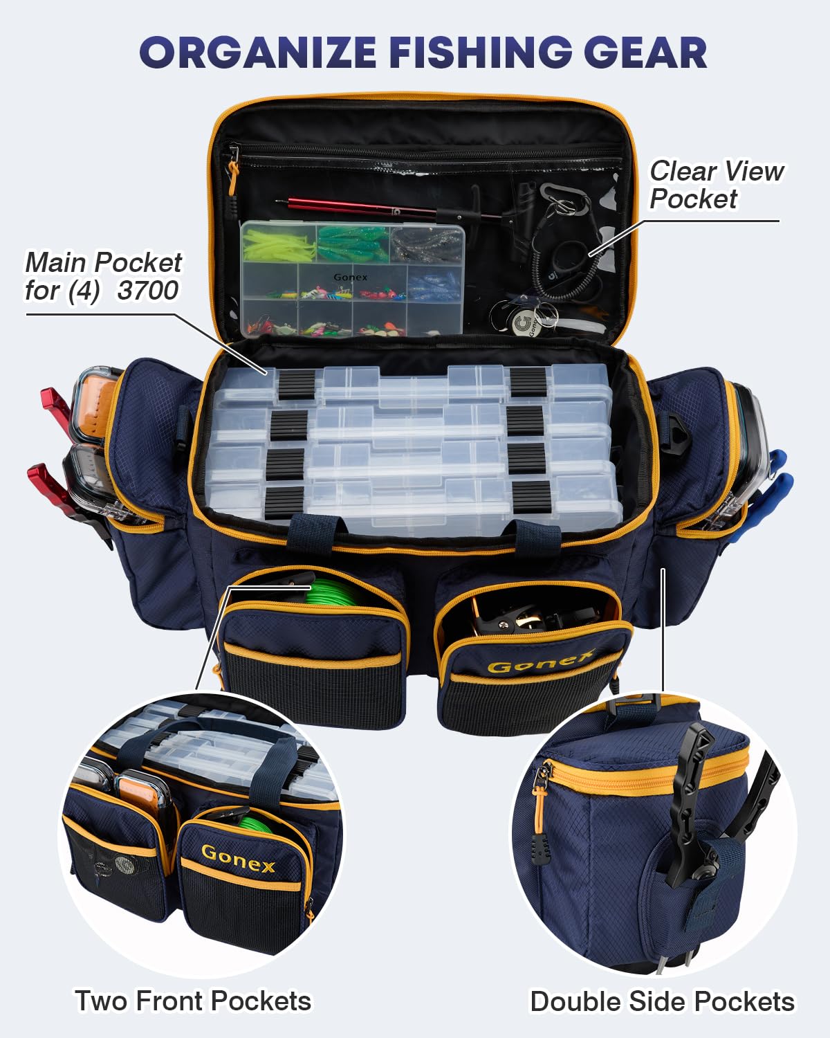 Gonex tackle bag shows four 3700 box capacity for organized storage
