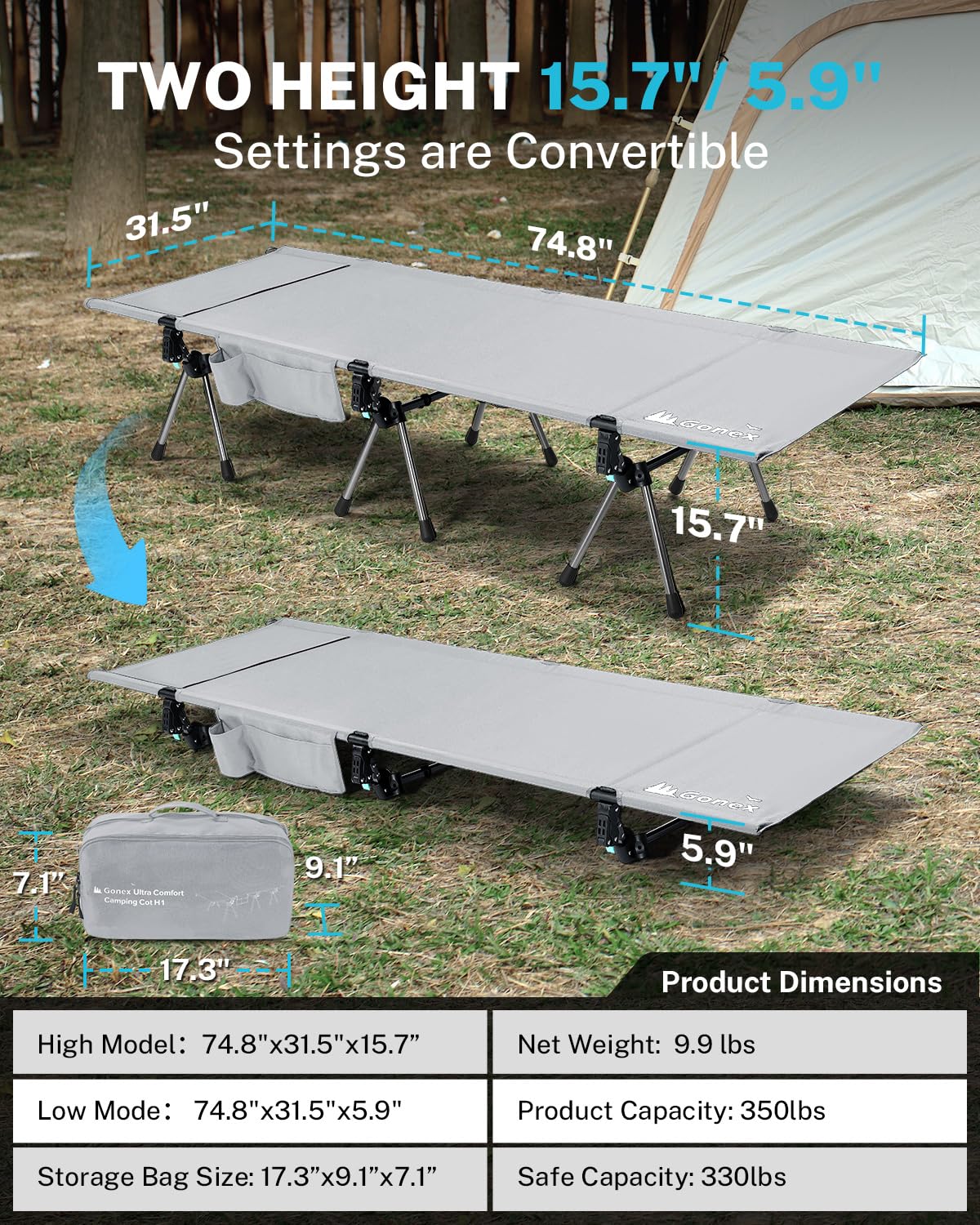 Gonex ultralight 9.3 lb cot fits in most cars for easy travel.