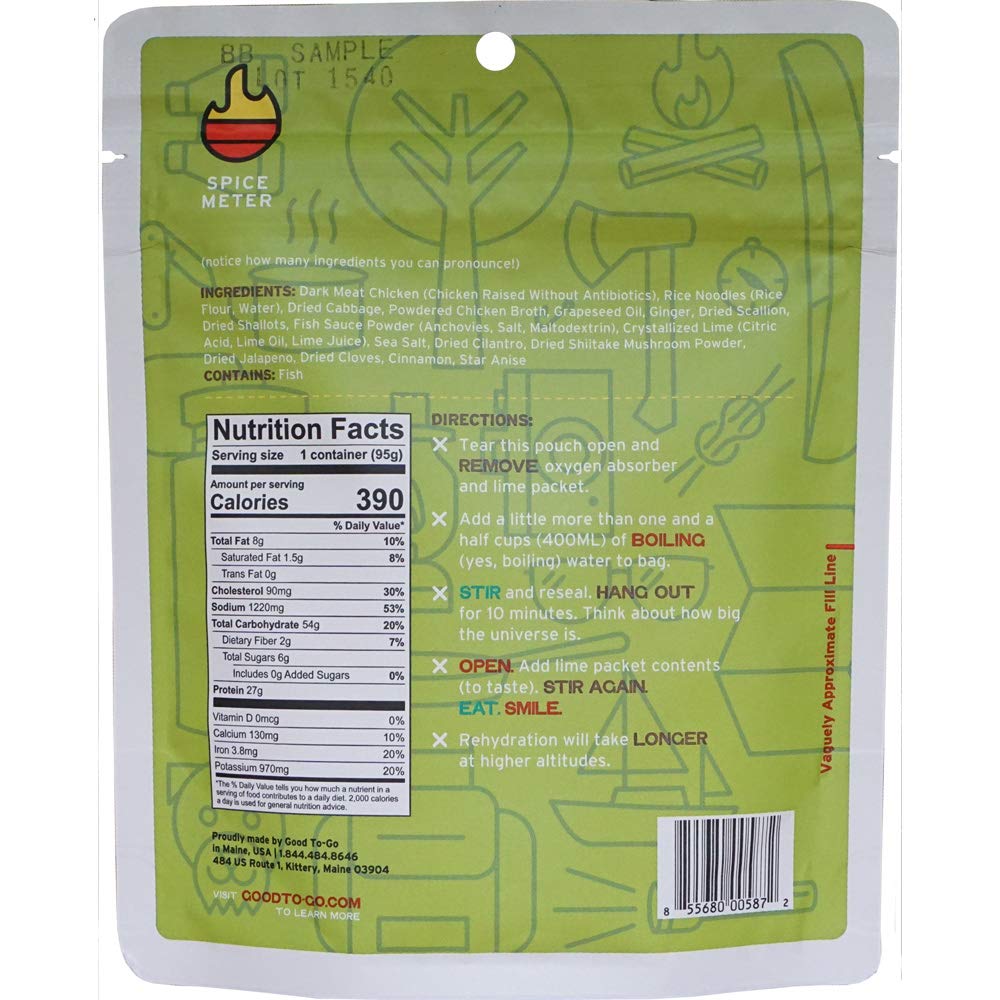 Nutrition label on GOOD TO-GO Chicken Pho packaging highlights protein