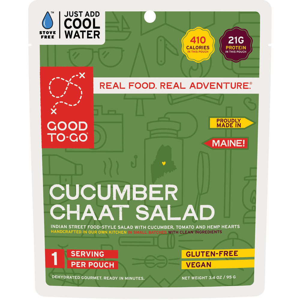 GOOD TO-GO cucumber chaat salad pouch opened for camp cold soak.