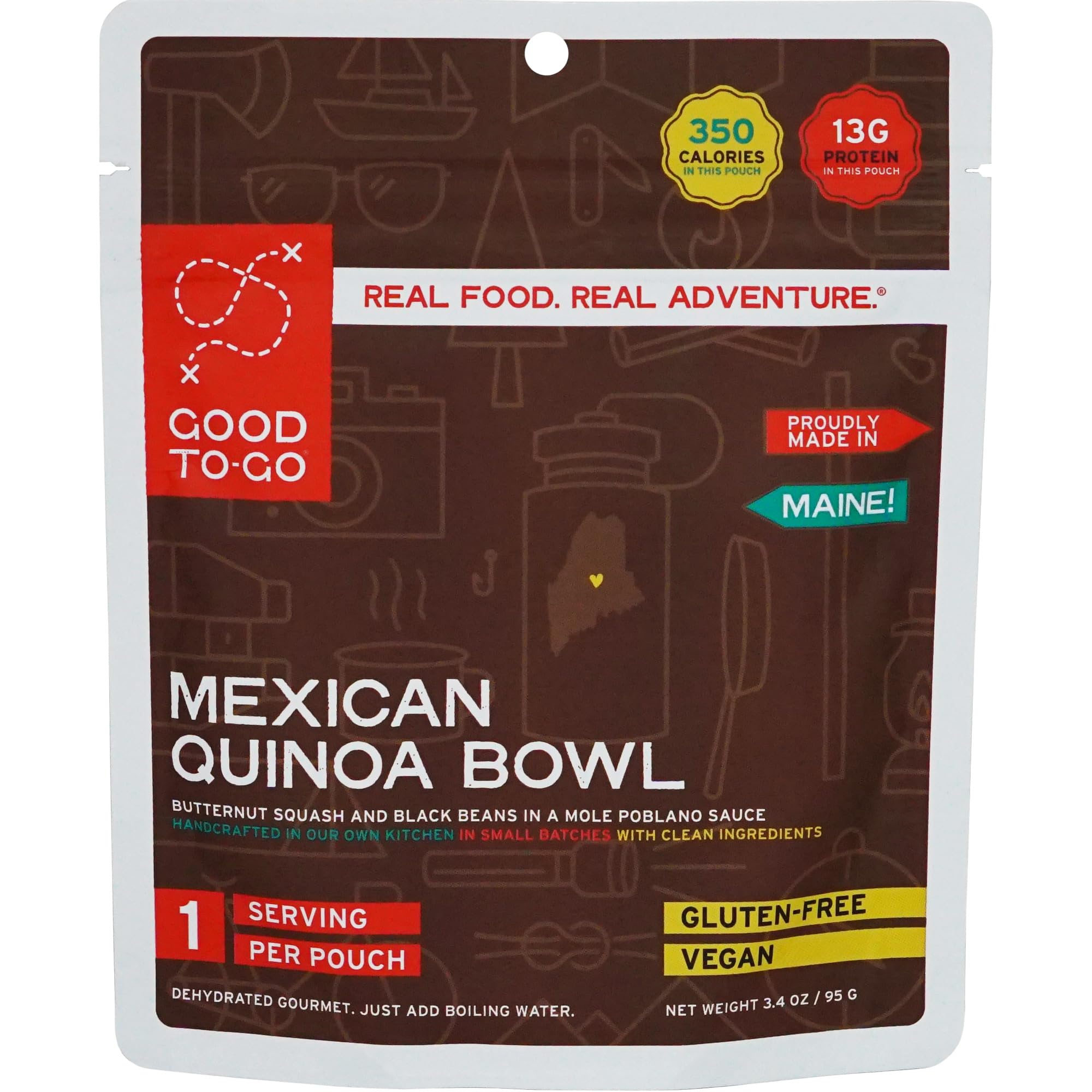 Good To-Go Mexican Quinoa Bowl pouch on camp table ready to hydrate after a hike.