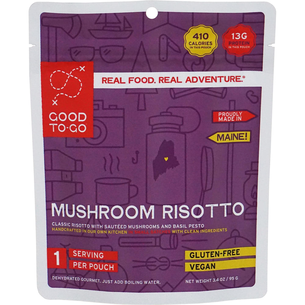 Good To-Go Mushroom Risotto pack shows a convenient single-serving pouch for on-the-go meals.