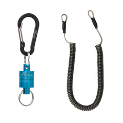 GOODCAT magnetic net release keychain with blue magnet and black carabiner – angled view
