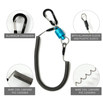 Retractable coiled lanyard fully extended to show 2.5m length