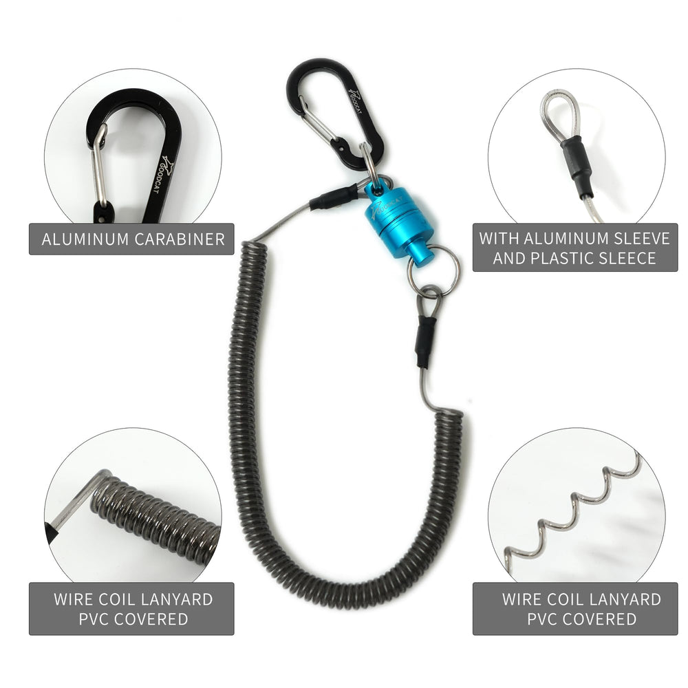 Retractable coiled lanyard fully extended to show 2.5m length