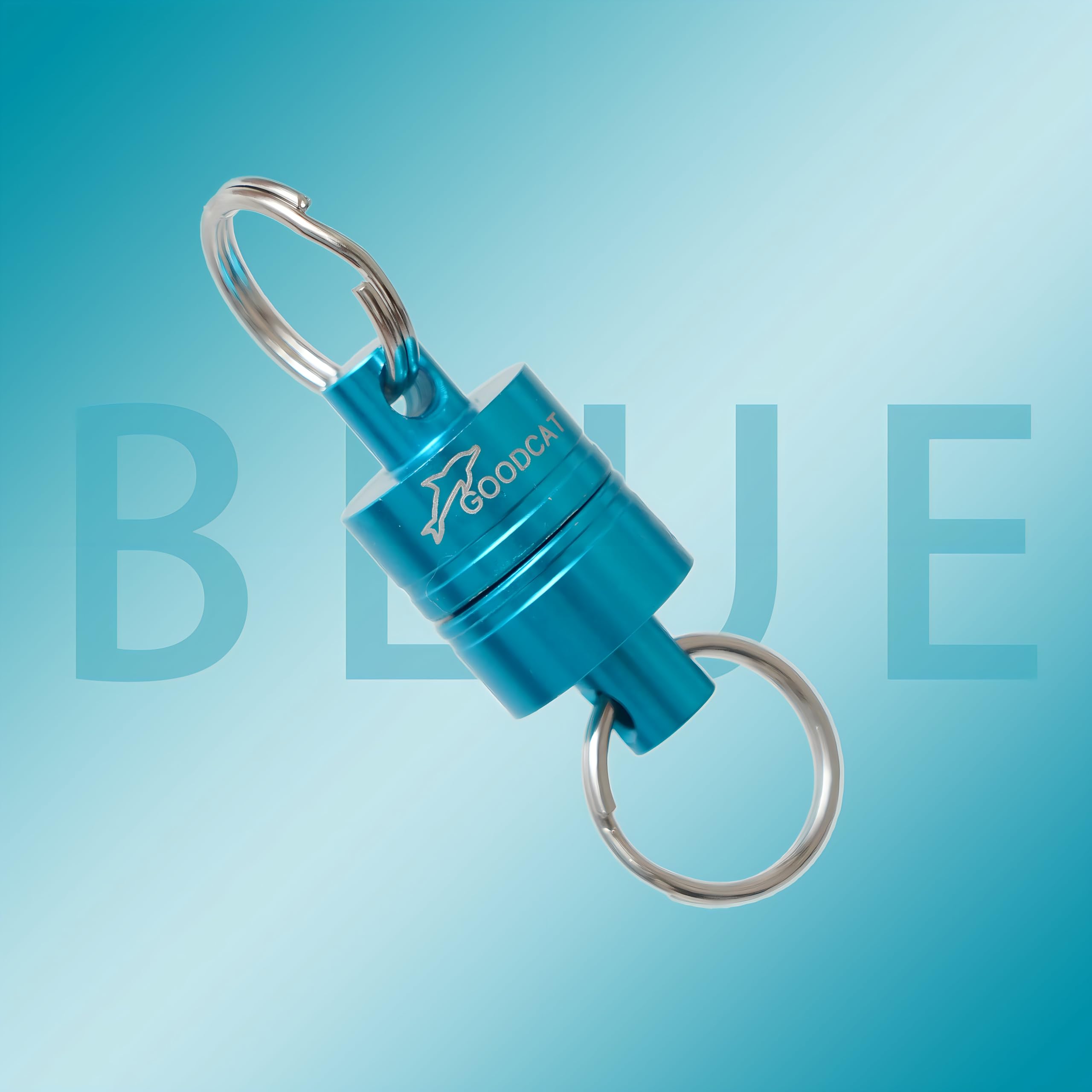 Blue magnet with black carabiner attached to fishing net