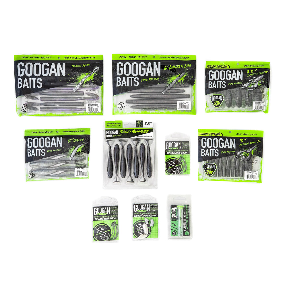 Close-up of tungsten weights and underspin screw-lock hook in the lure kit