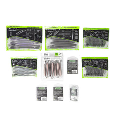 Assorted soft plastic lures and tackle kit for bass fishing
