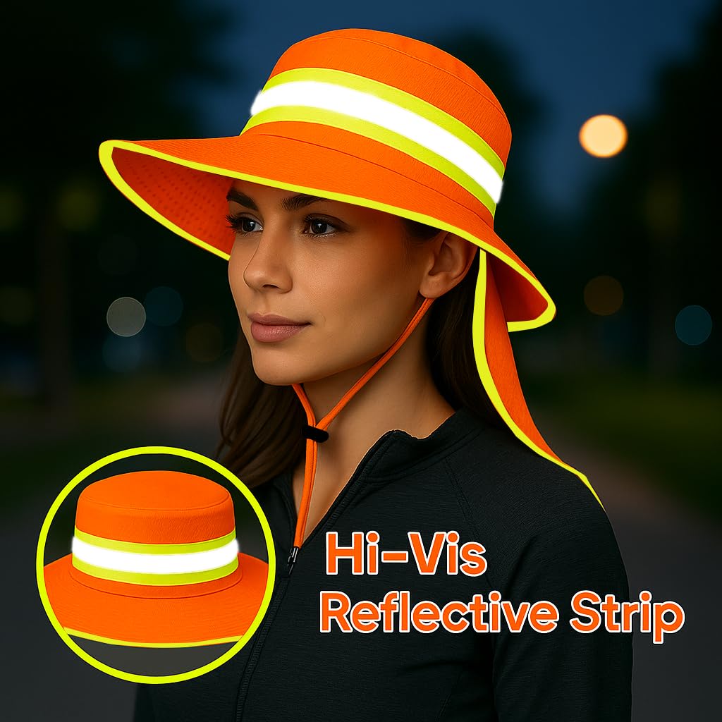 GOOHERA wide-brim UV protection orange, brim blocks sun for long outdoor work.