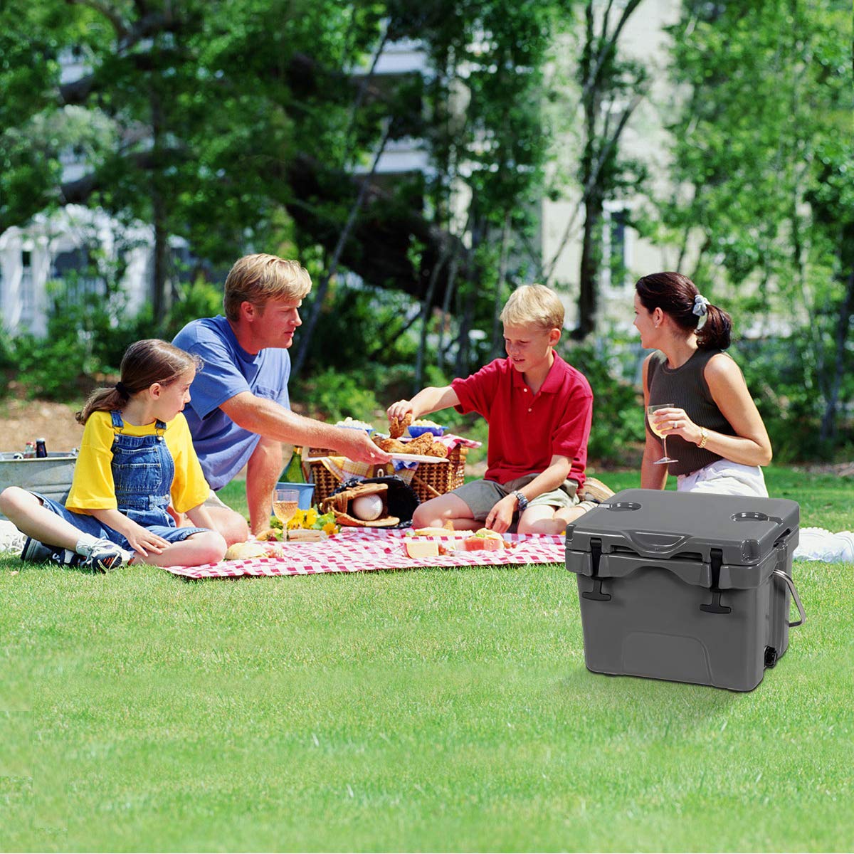 Goplus 24-can capacity ice chest with ample space for beverages.