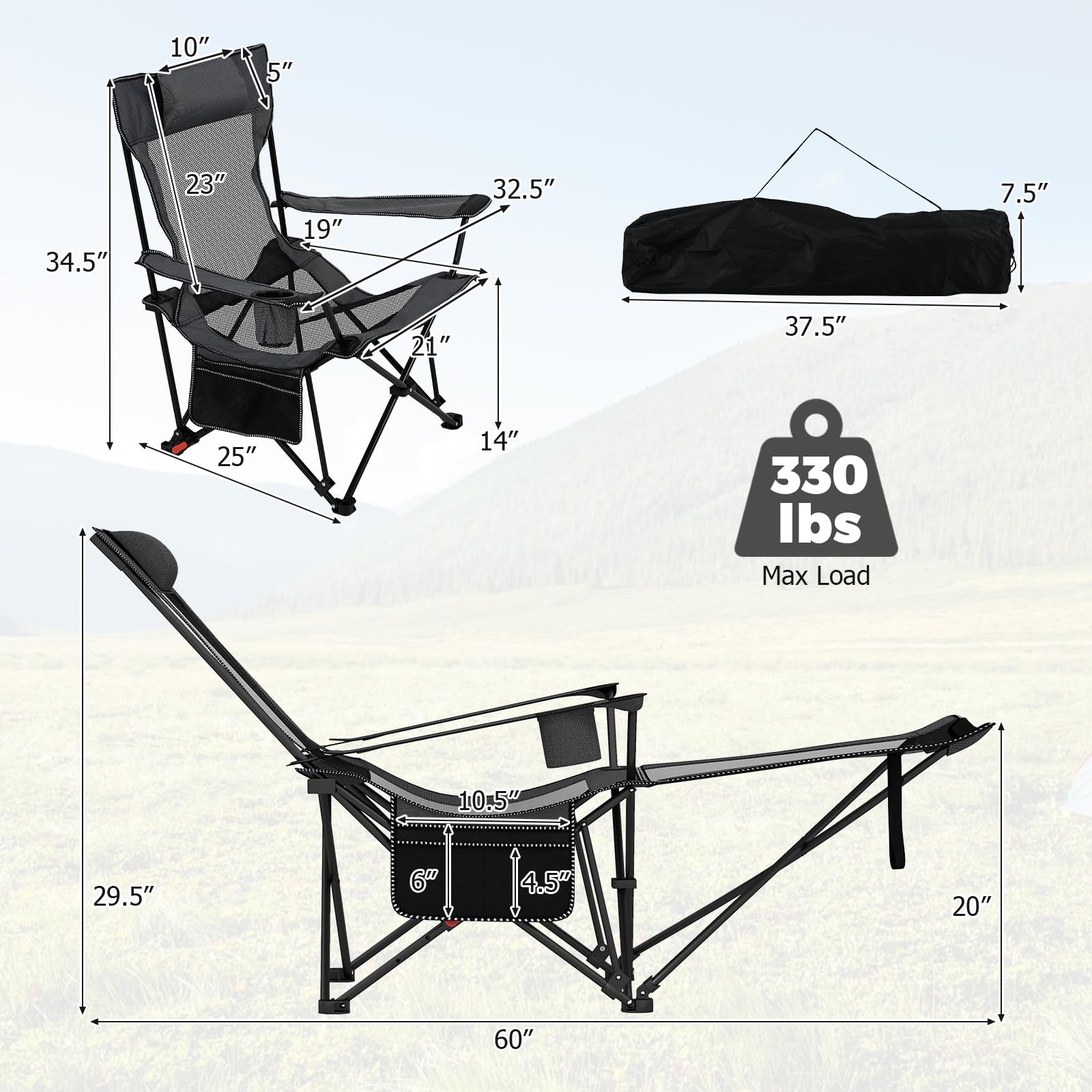 Goplus chair with adjustable backrest at 110° and 135° for personalized comfort.