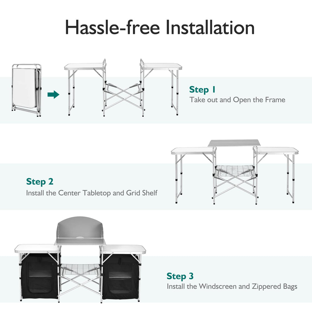 Goplus anti-slip foot pads keep the table steady on uneven ground.