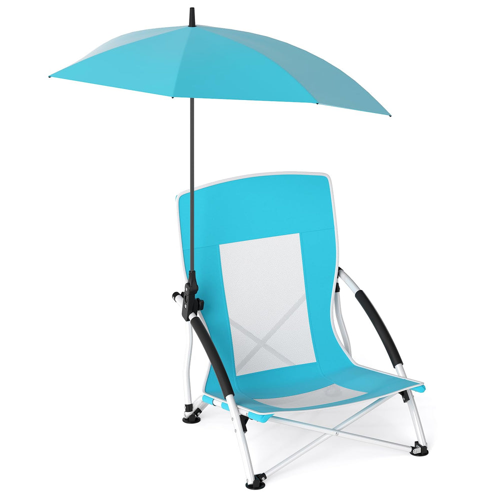 Goplus beach chair with 94-degree backrest offers natural support for long, comfortable outdoor seating.