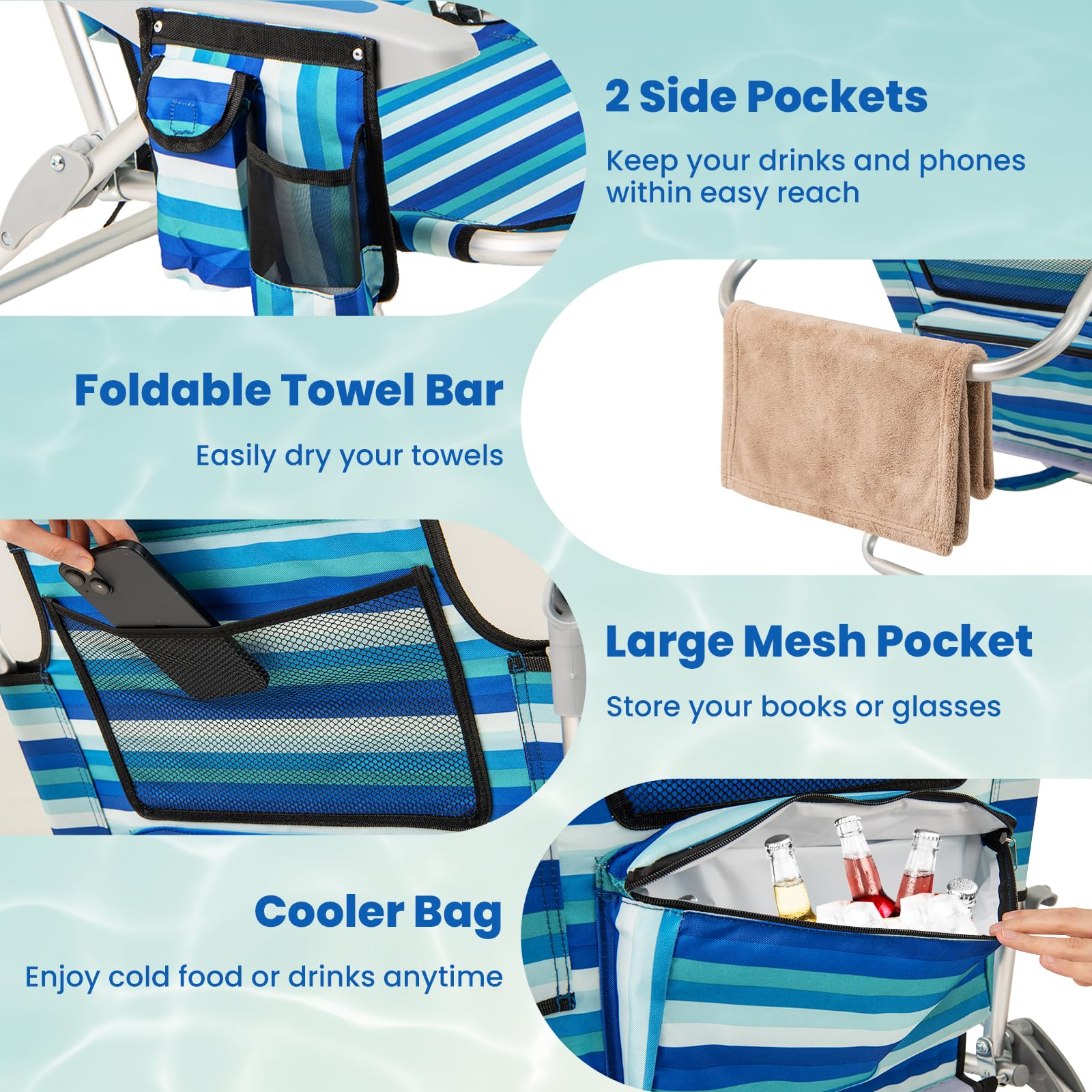 Goplus mesh pocket stores books or glasses while relaxing