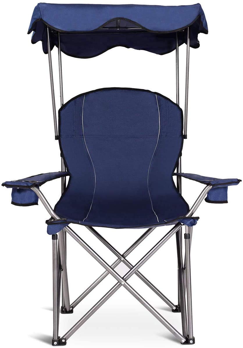 Goplus blue sunshade chair ideal for park or poolside shade.