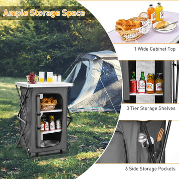 Goplus camping cabinet with 3-tier shelves ready for picnic essentials