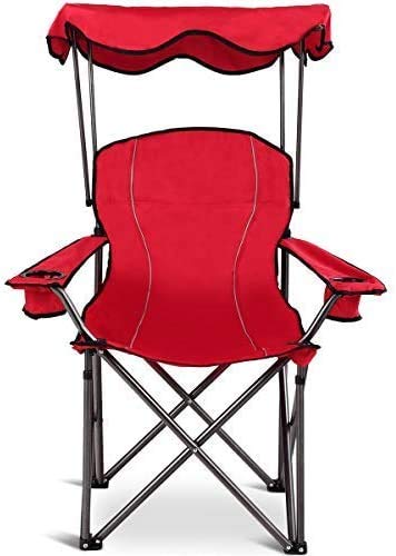 Goplus canopy chair in up position showing shade during outdoor use.
