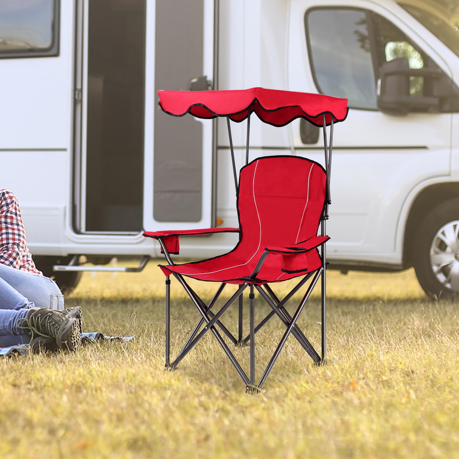 Goplus sunshade camping chair ideal for beach use and sunny days.