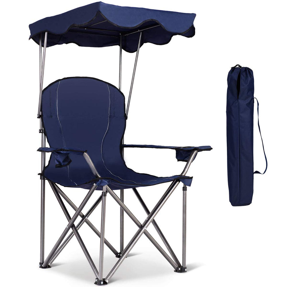 Goplus camping chair with canopy shade at the beach provides cooling sun protection.