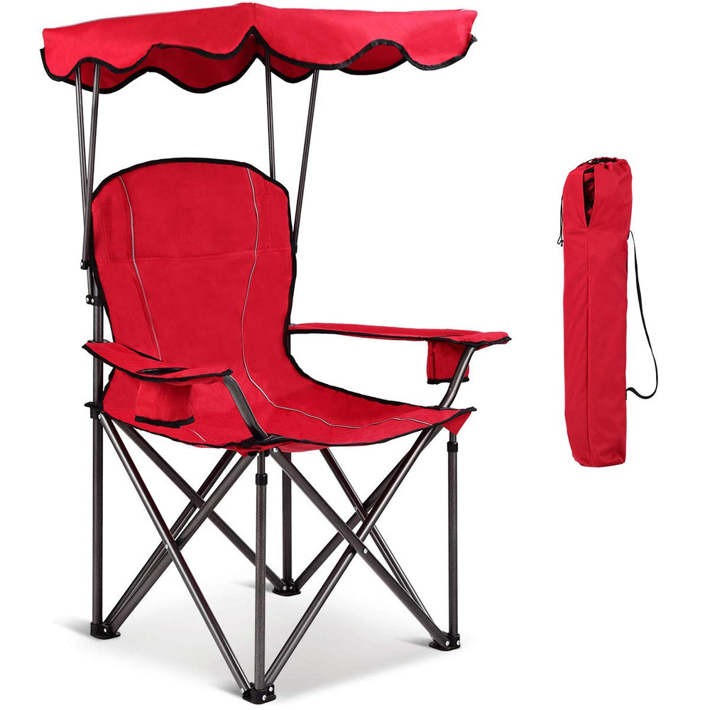Goplus camping chair with canopy shade front view for cool shade outdoors.