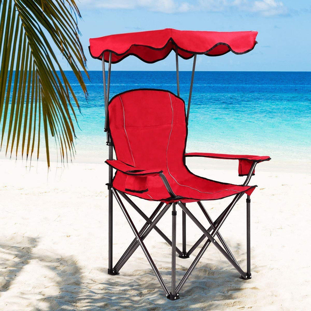Goplus camping chair with canopy shade side view showing cup holder for easy hydration.