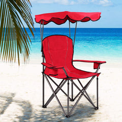 Goplus camping chair with canopy shade side view showing cup holder for easy hydration.