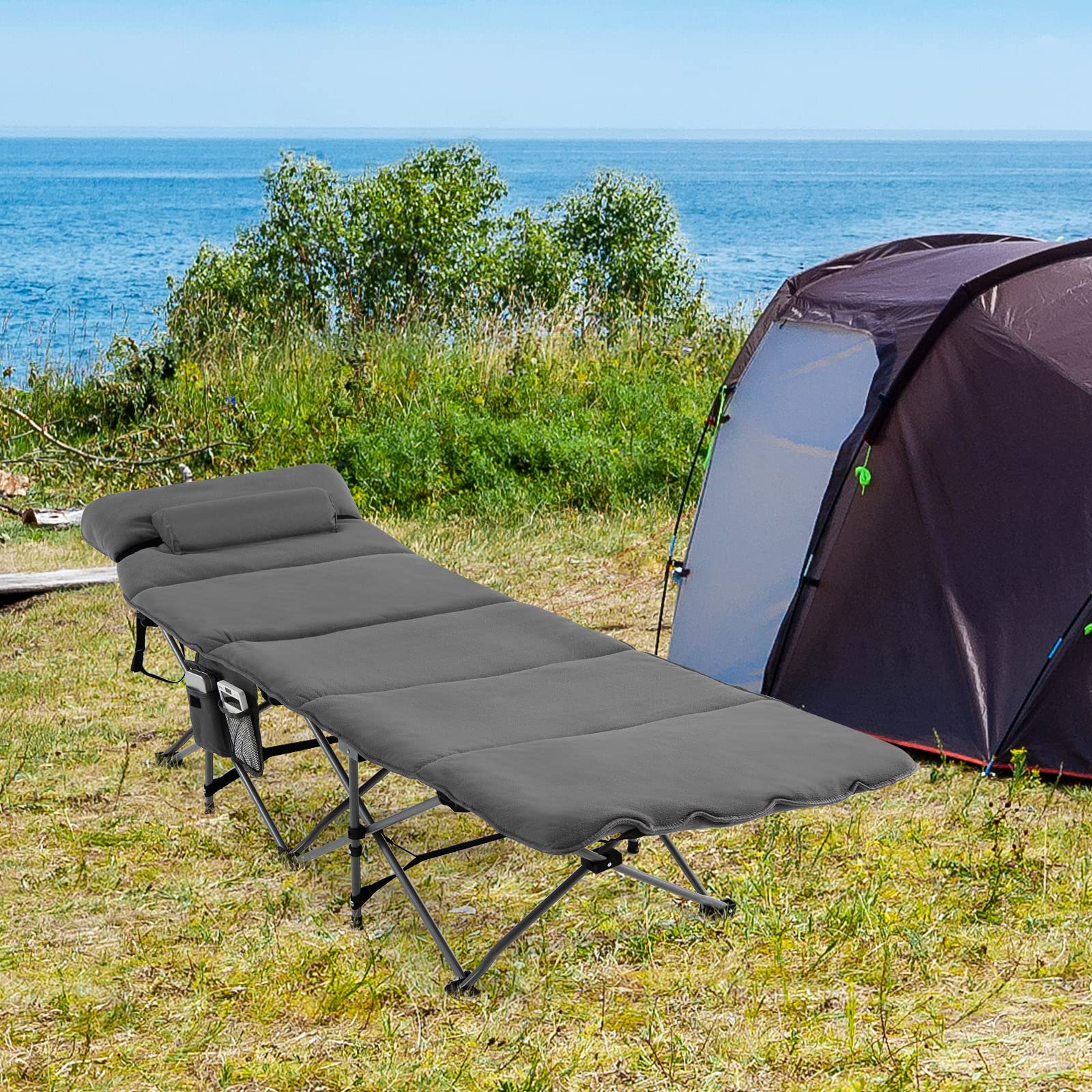 Goplus camping cot foldable design stores in a carry bag.