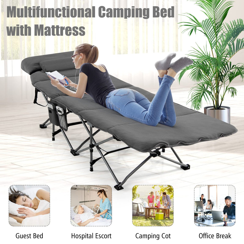 Goplus camping cot heavy-duty frame supports up to 330 pounds.