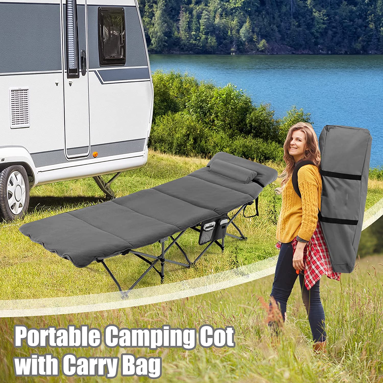 Goplus camping cot oxford cloth is breathable and easy-clean.