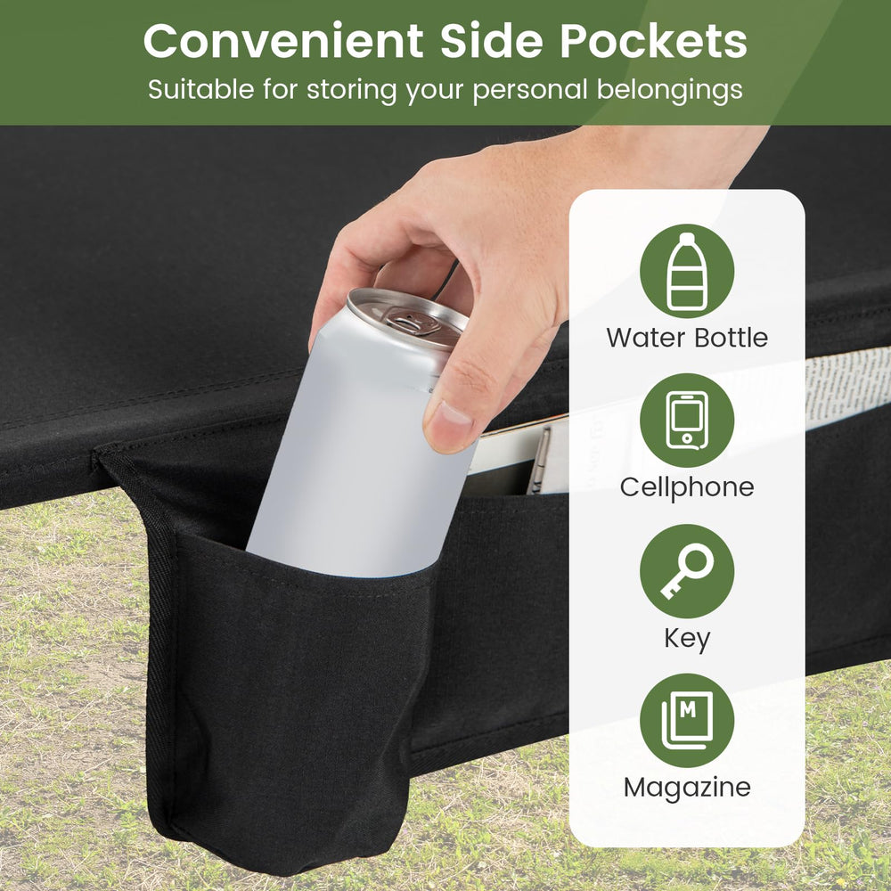 Goplus cot with side pocket keeps essentials within reach while resting