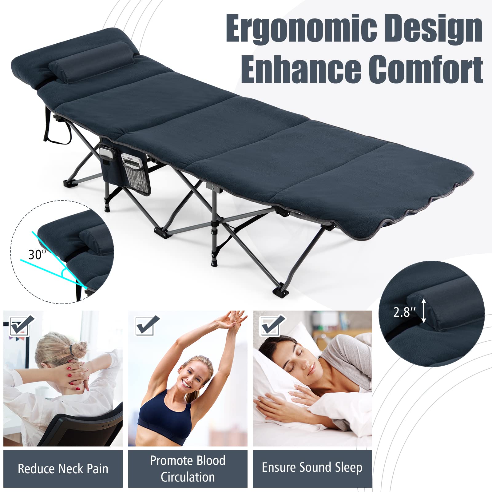 Goplus camping cot storage pocket keeps essentials within reach.