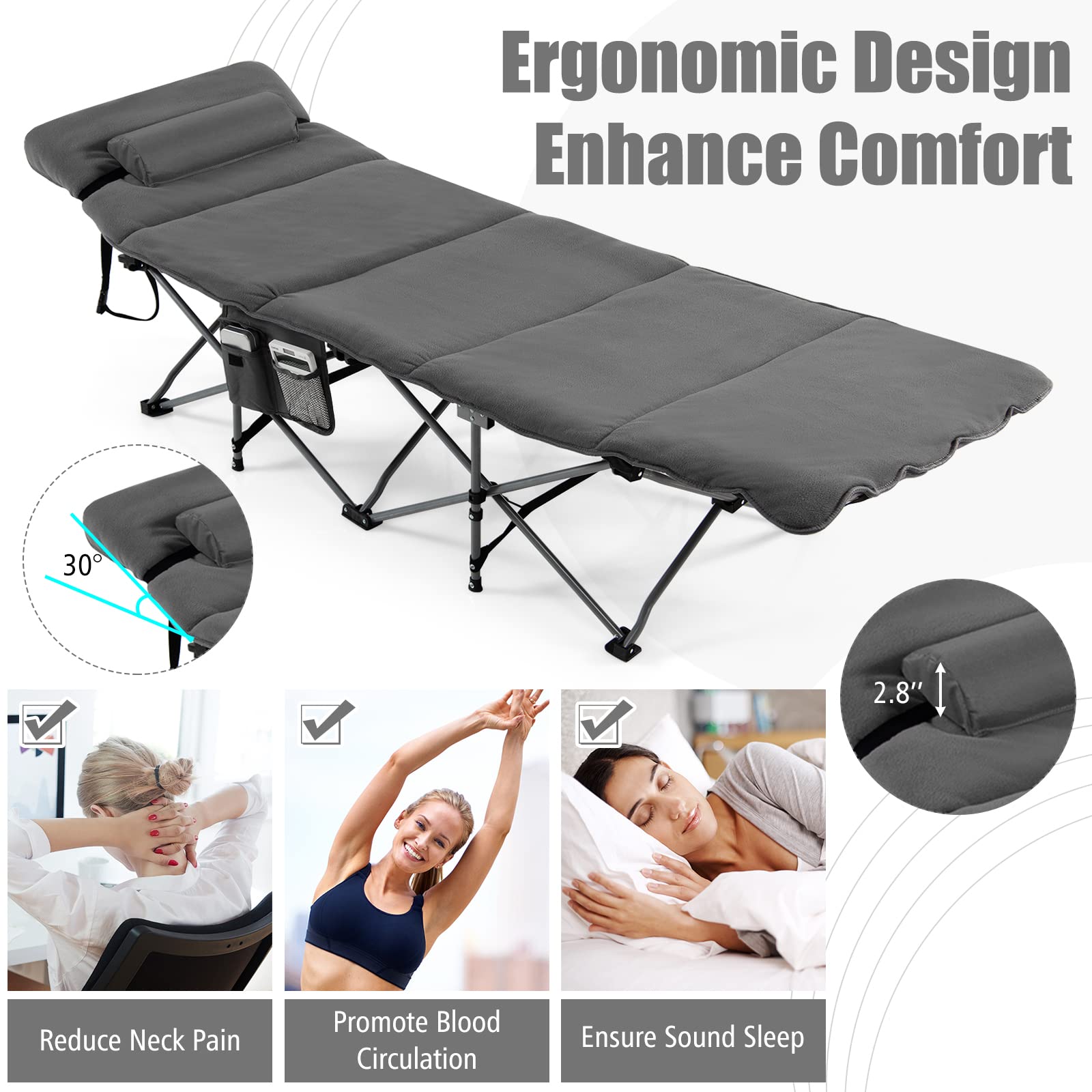 Goplus camping cot storage pocket keeps essentials within arm's reach.