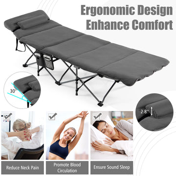 Goplus camping cot storage pocket keeps essentials within arm's reach.