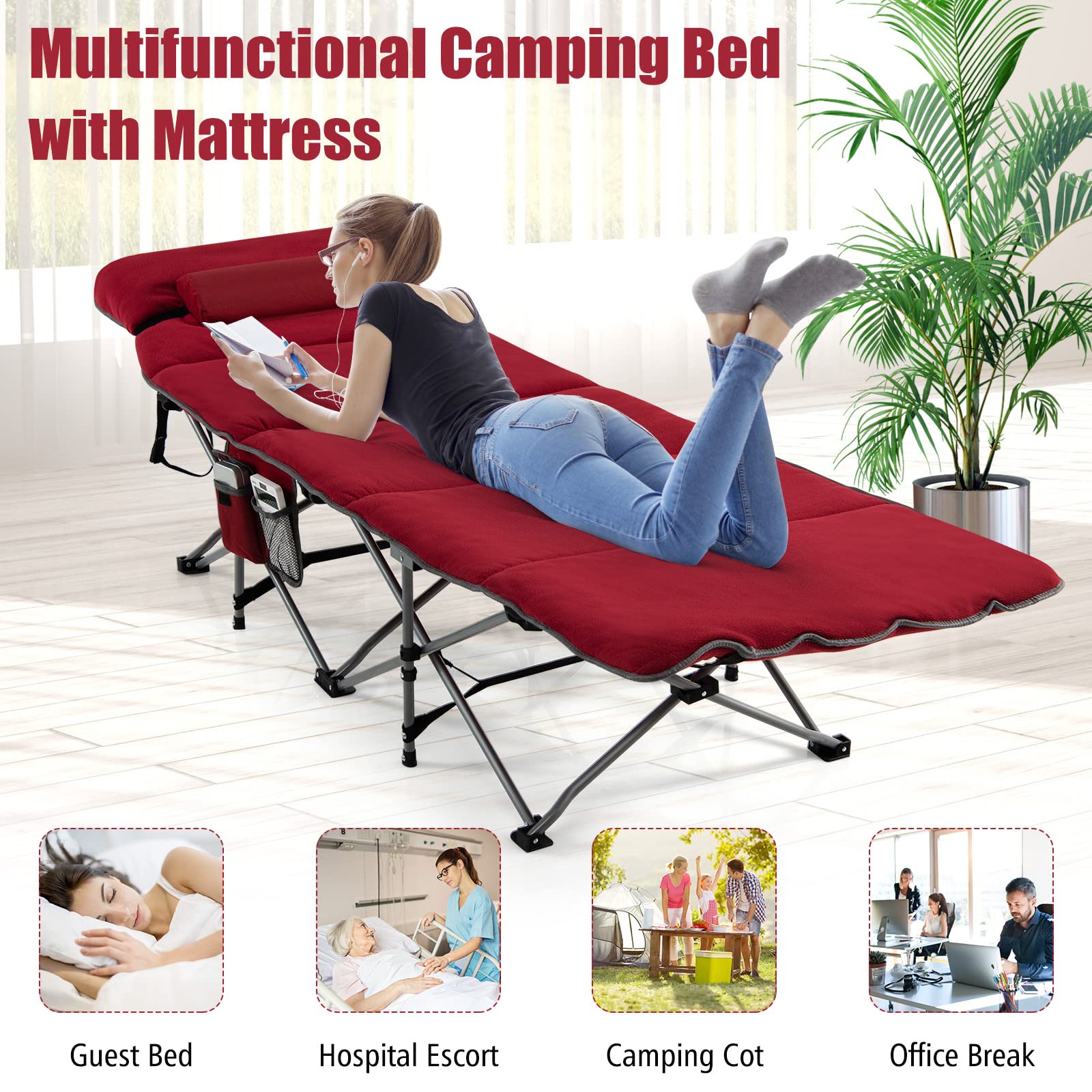 Goplus camping cot built-in storage pocket for essentials