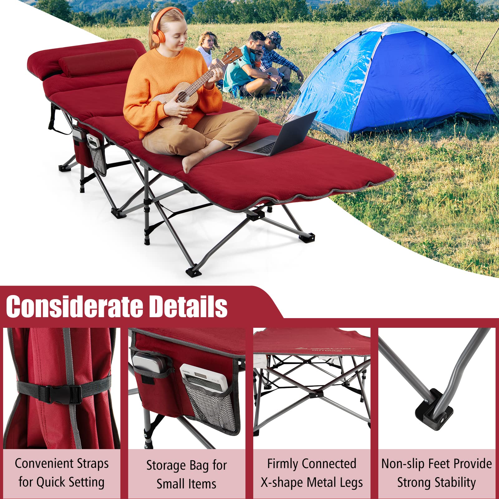 Goplus camping cot with ten-leg sturdy frame for stability