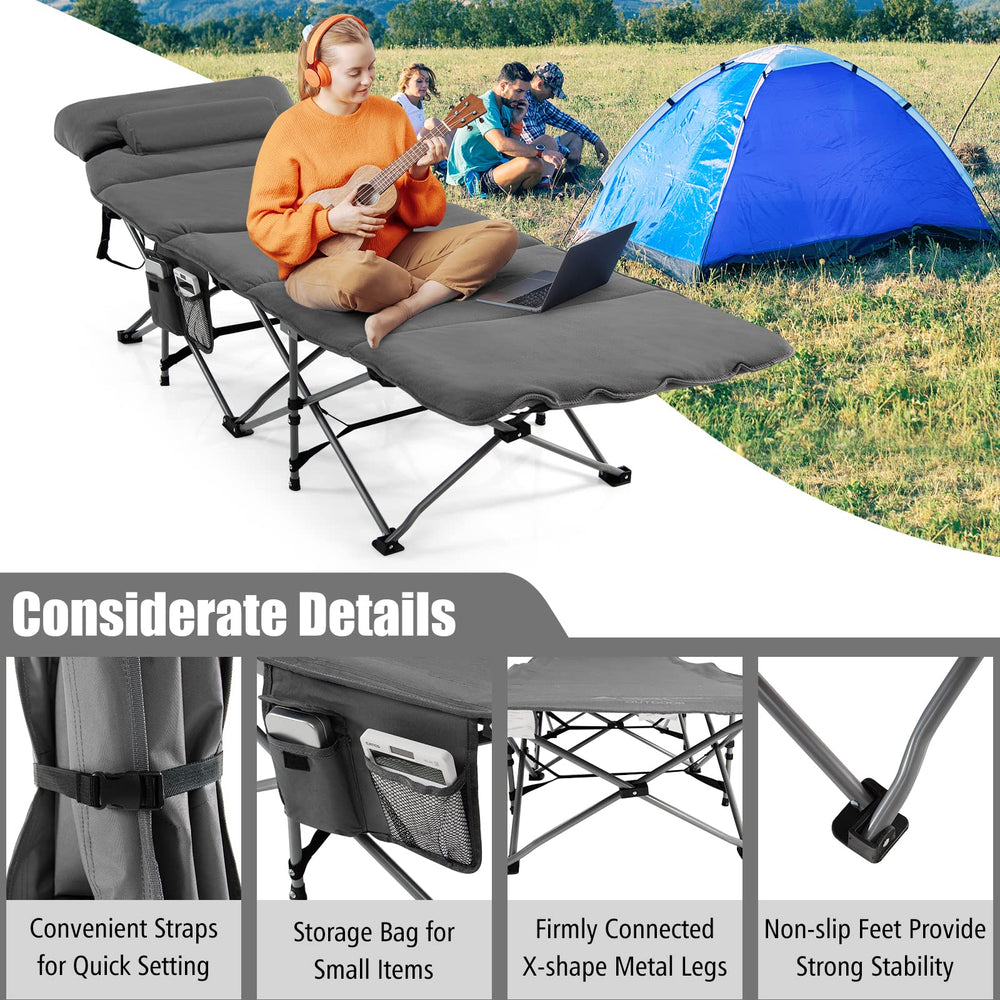 Goplus camping cot wide 25.5 inches gives room to stretch.
