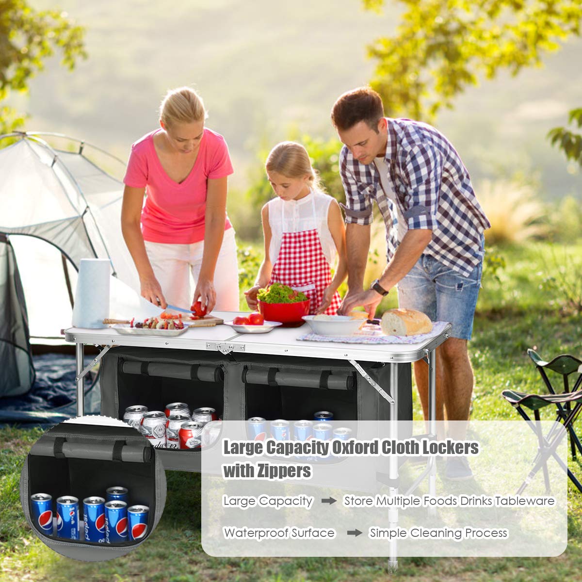 Goplus outdoor table with two-height option supports varied seating.