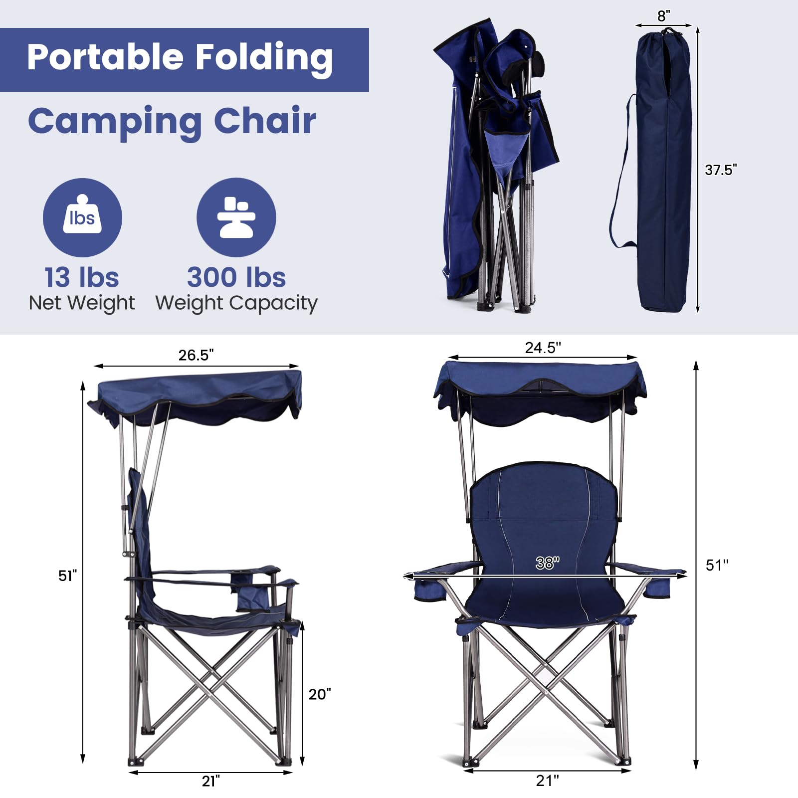 Goplus blue canopy chair offers portable sun protection for outdoors.