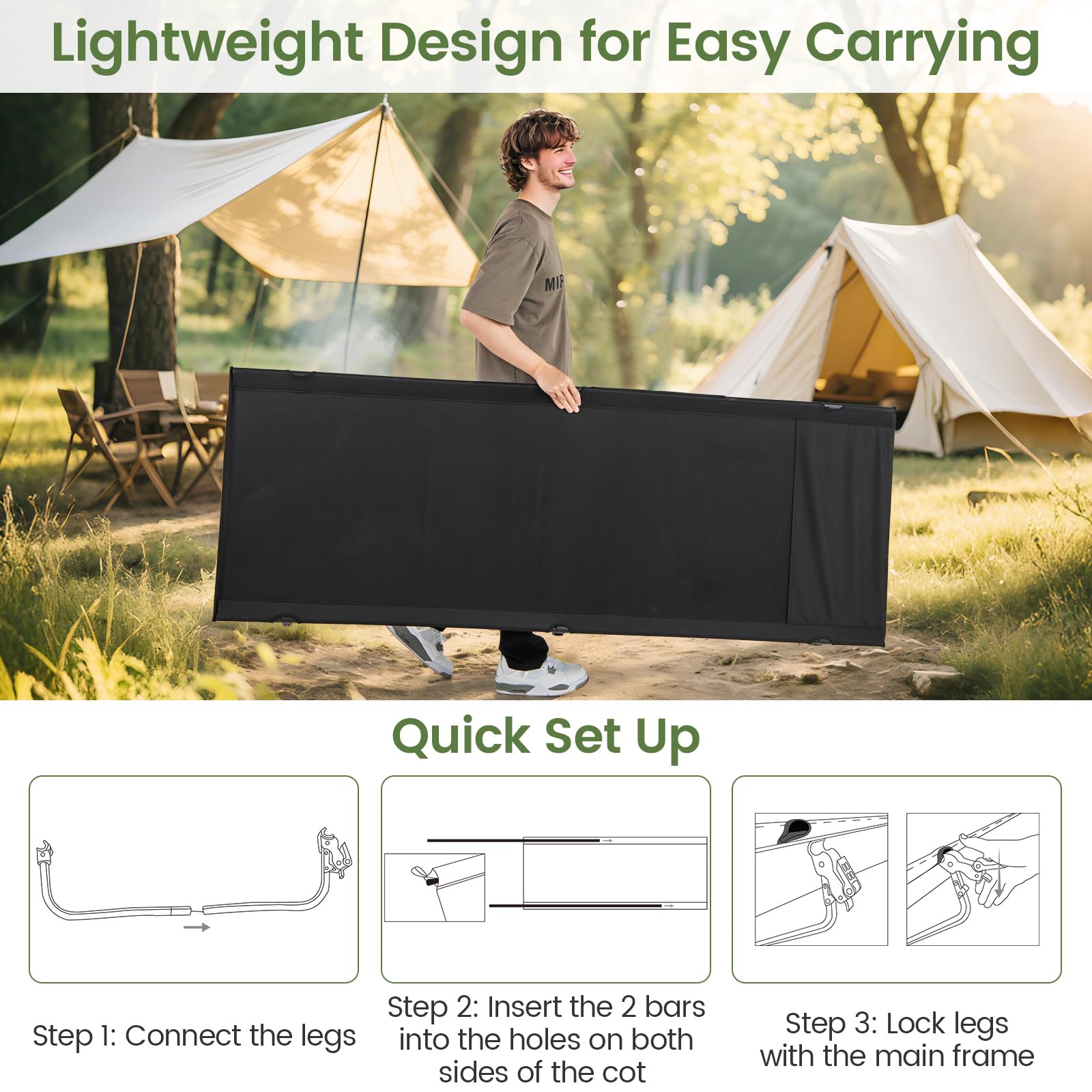 Goplus cot setup in three steps supports fast campsite readiness