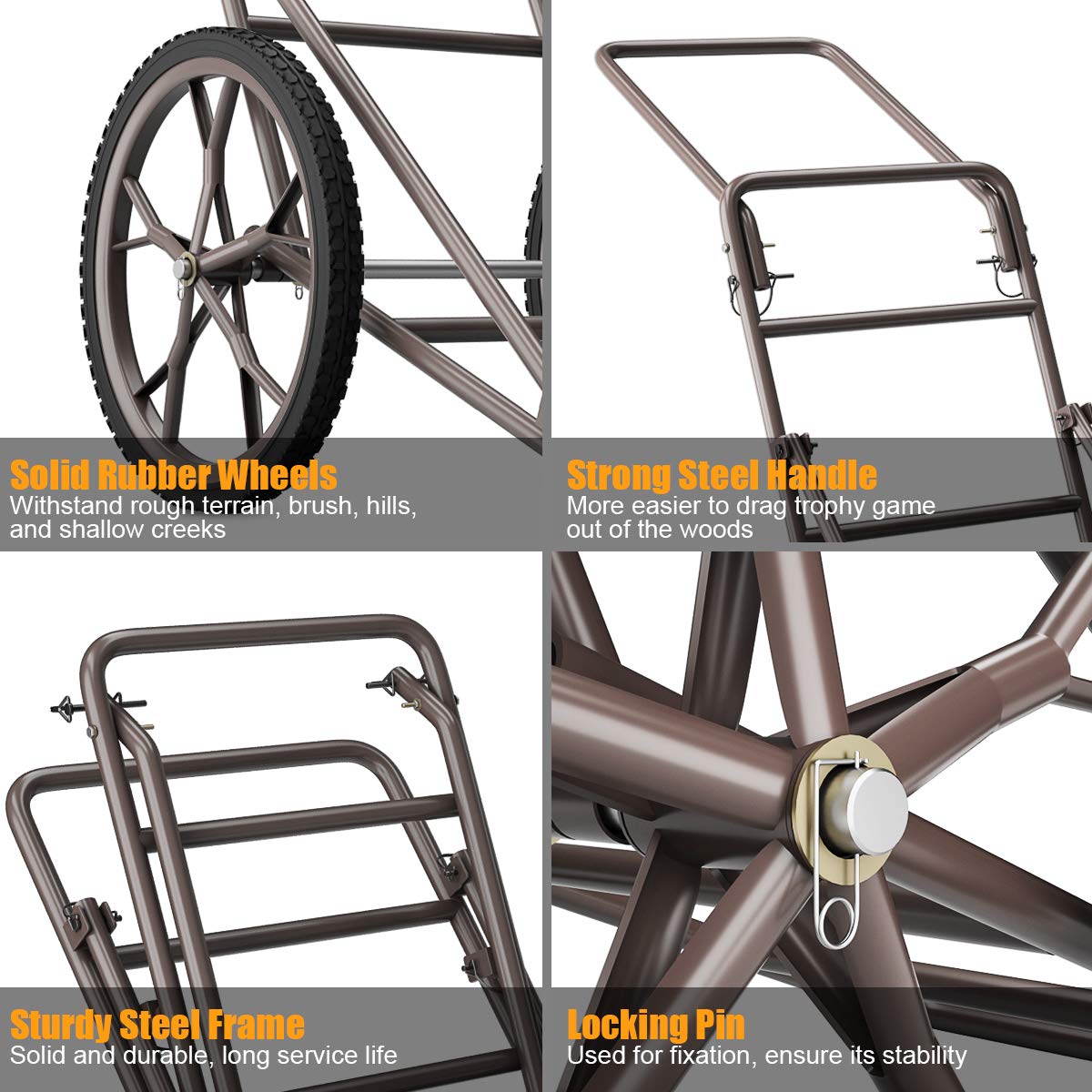 Goplus deer cart with 17-inch wheels on rough terrain for easy transport.