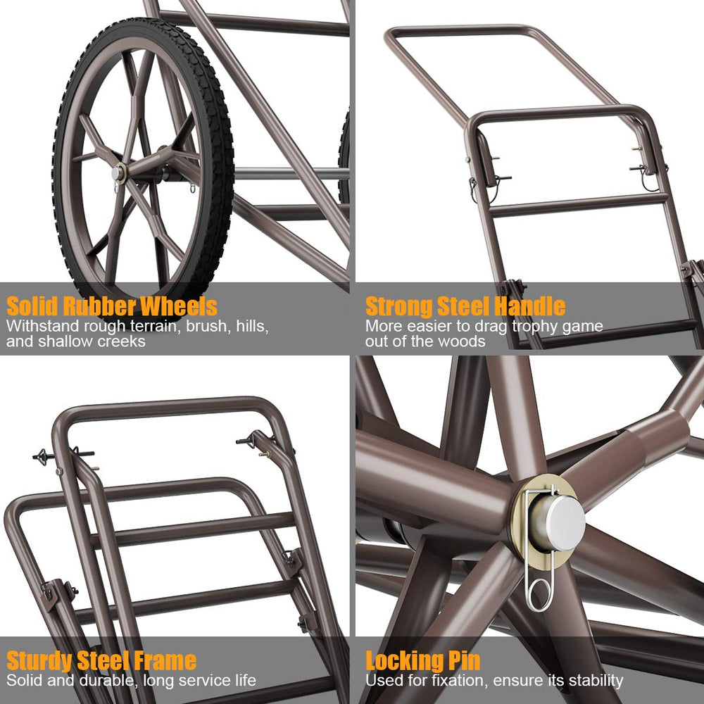 Goplus deer cart with 17-inch wheels on rough terrain for easy transport.