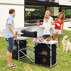 Goplus detachable windscreen prevents gusts, keeps flame stable for outdoor cooking.