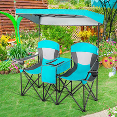 Close-up of Goplus canopy on the double chair for adjustable sun protection