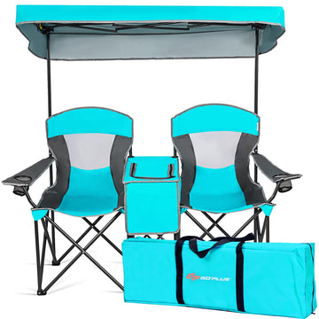 Goplus Double Beach Chair with Canopy Shade in Lake Blue, a comfortable two-person setup