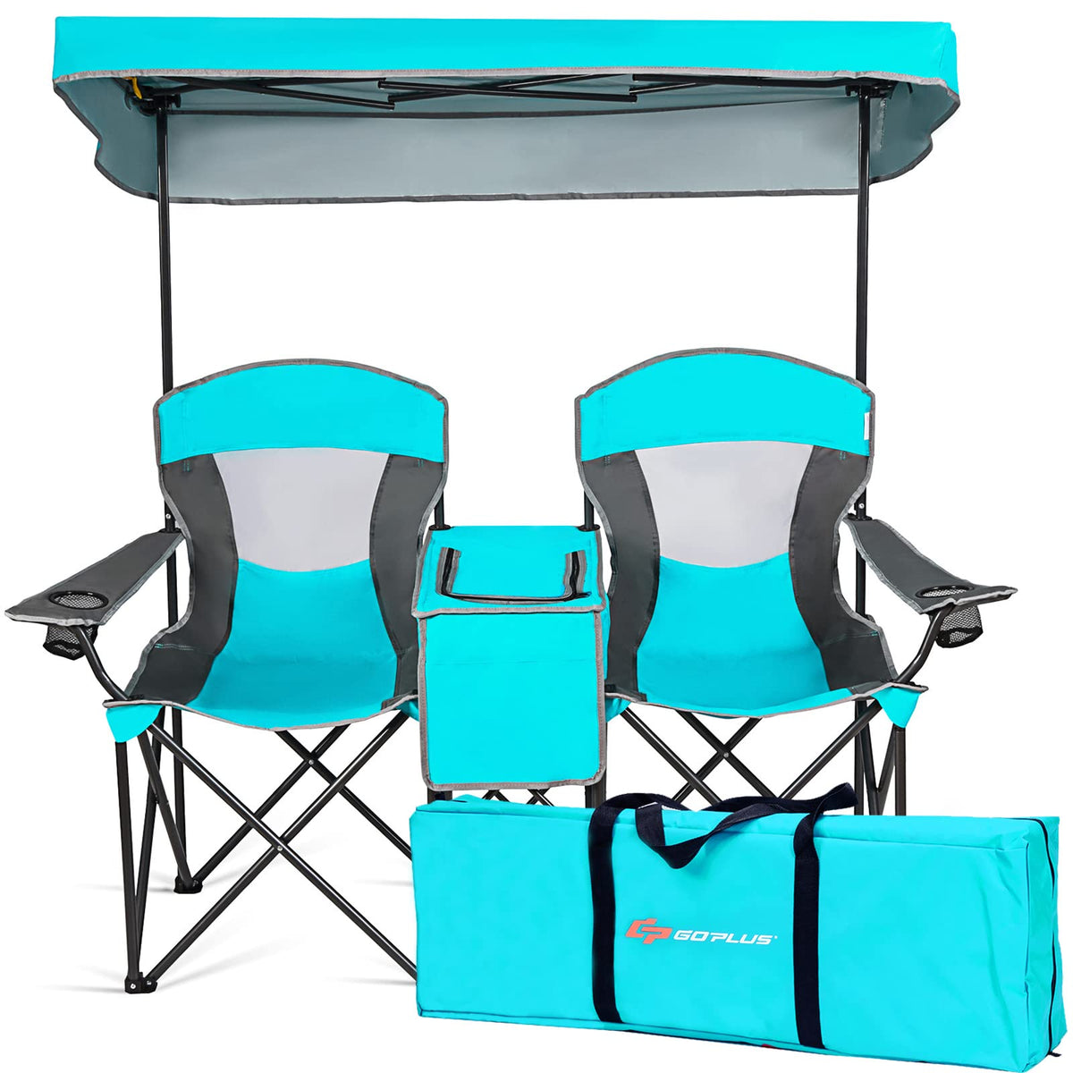 Goplus Double Beach Chair with Canopy Shade in Lake Blue, a comfortable two-person setup