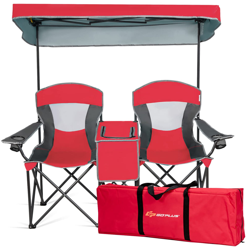 Goplus double beach chair with canopy red provides shade and social seating for outdoors.