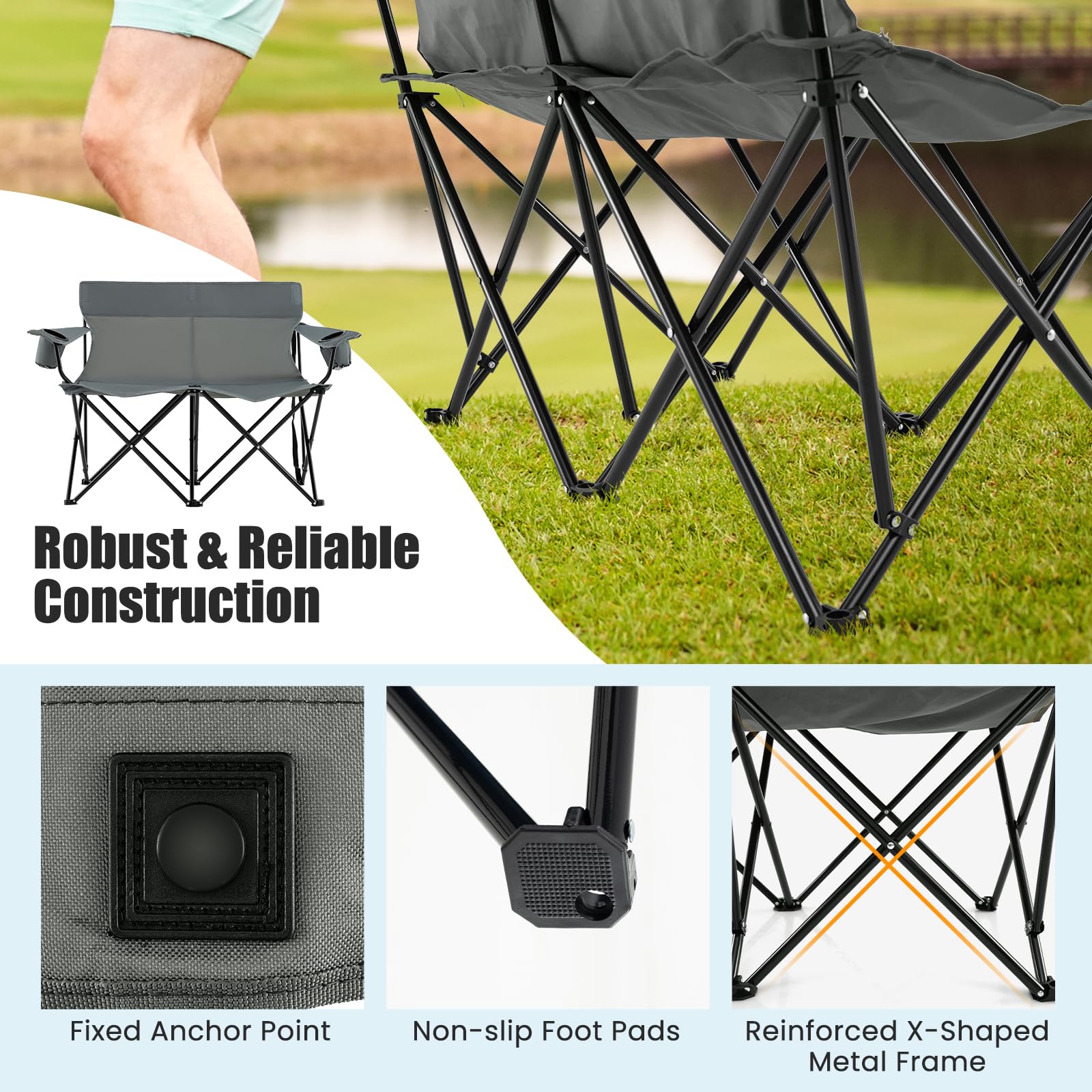 Goplus Double Camping Chair dimensions 52 in by 26 in by 38 in for ample seating